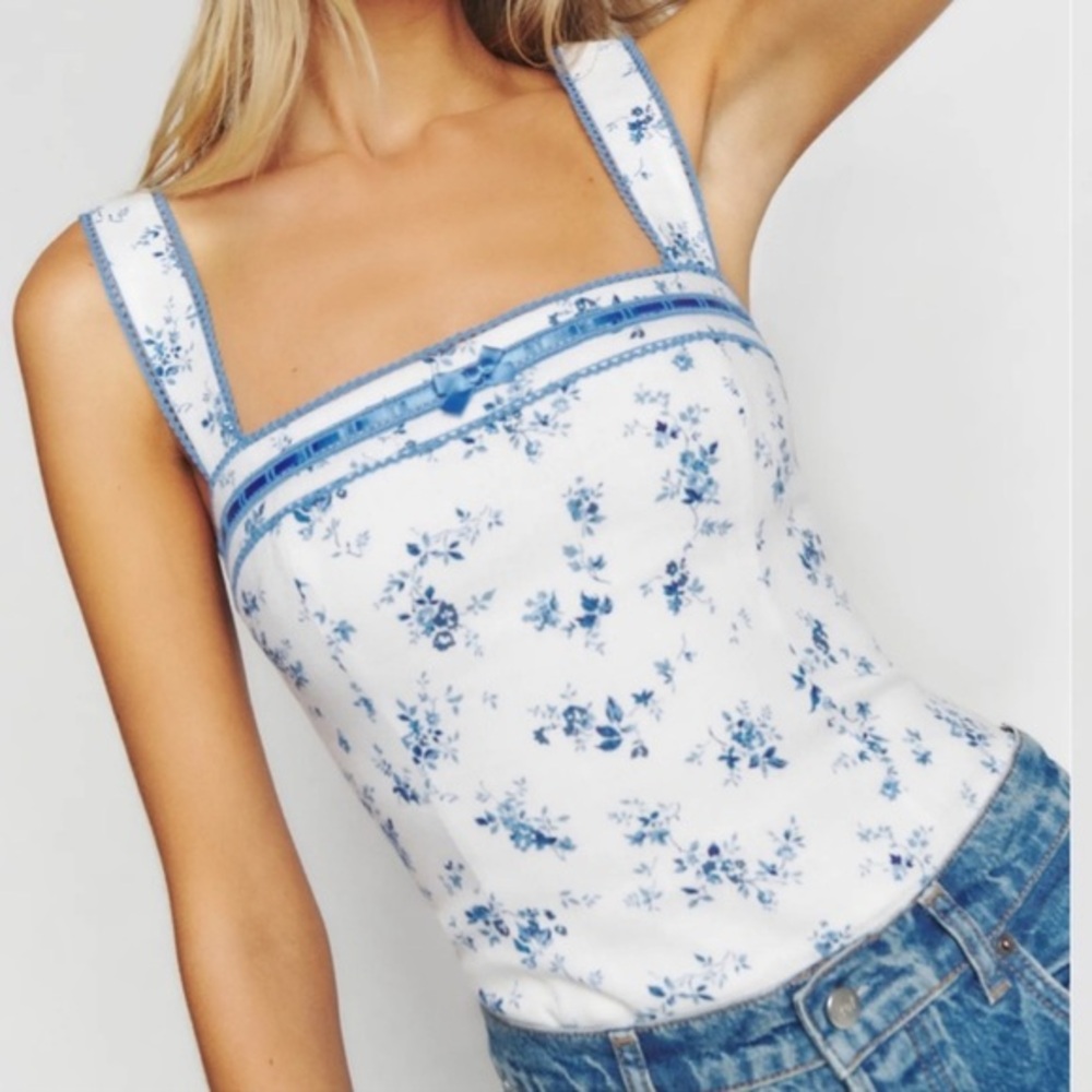 Reformation Eloise Linen Top Blue and White Floral
